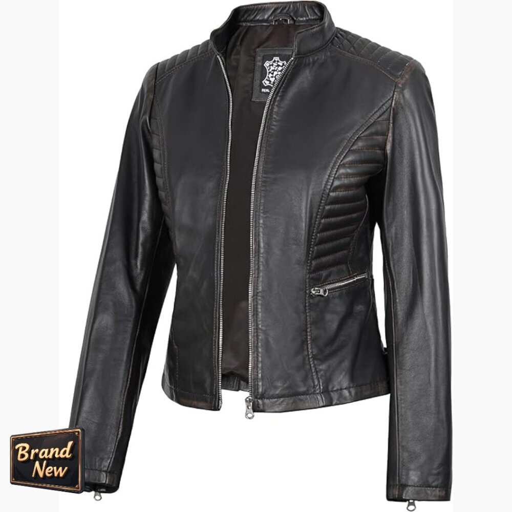Lambskin Leather Jacket Cafe Racer Style Stand Collar Women's